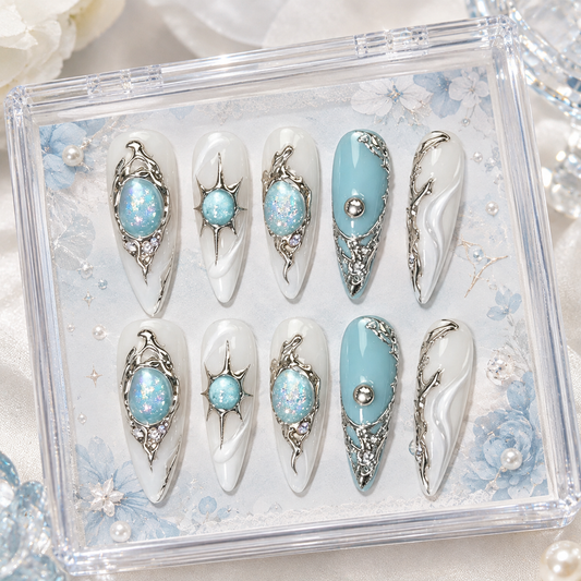 Cream Lake Blue Metal Gem Medium Press On Nails