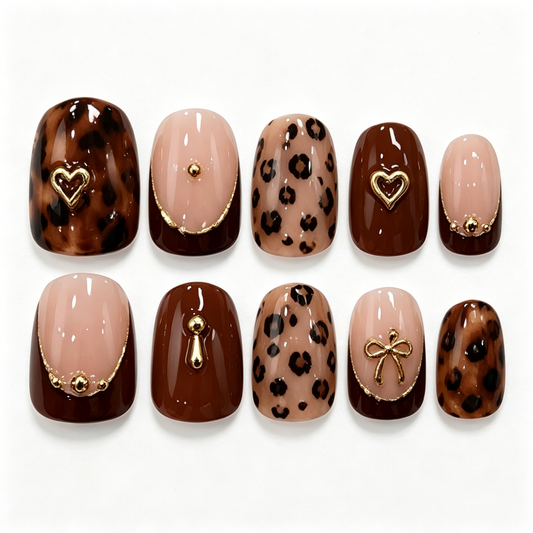 Leopard Gold Heart Vintage Press On Nails