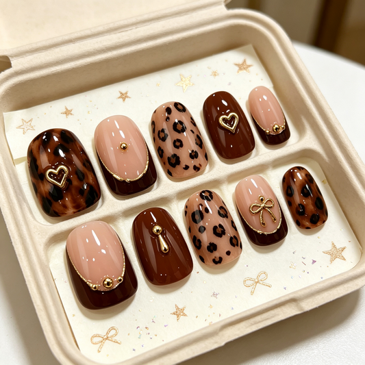 Leopard Gold Heart Vintage Press On Nails