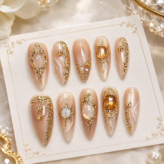 Nude Gold Amber Gem Star Medium Press On Nails