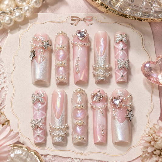 Pearl Glow Cat Eye Heart Long Press On Nails