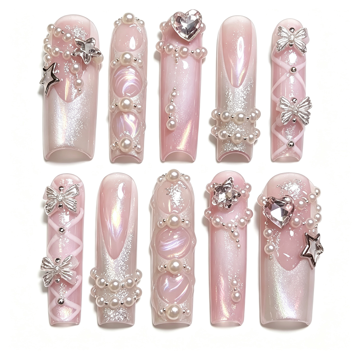 Pearl Glow Cat Eye Heart Long Press On Nails