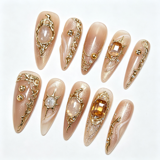 Nude Gold Amber Gem Star Medium Press On Nails