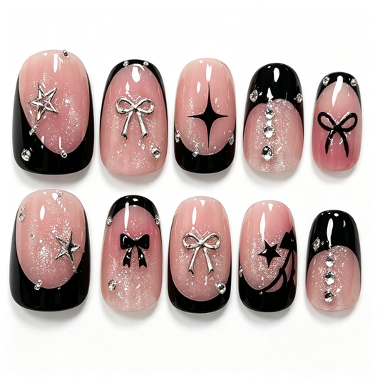 Nude Black Star Bow Press On Nails