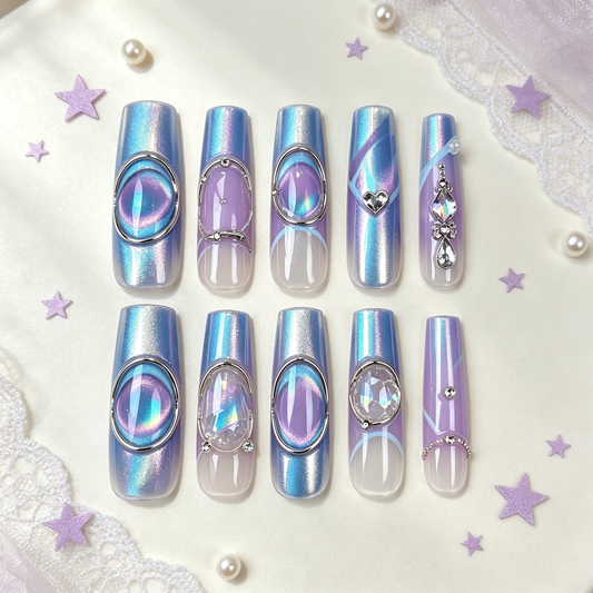 Aurora Purple Blue Gem Long Press On Nails