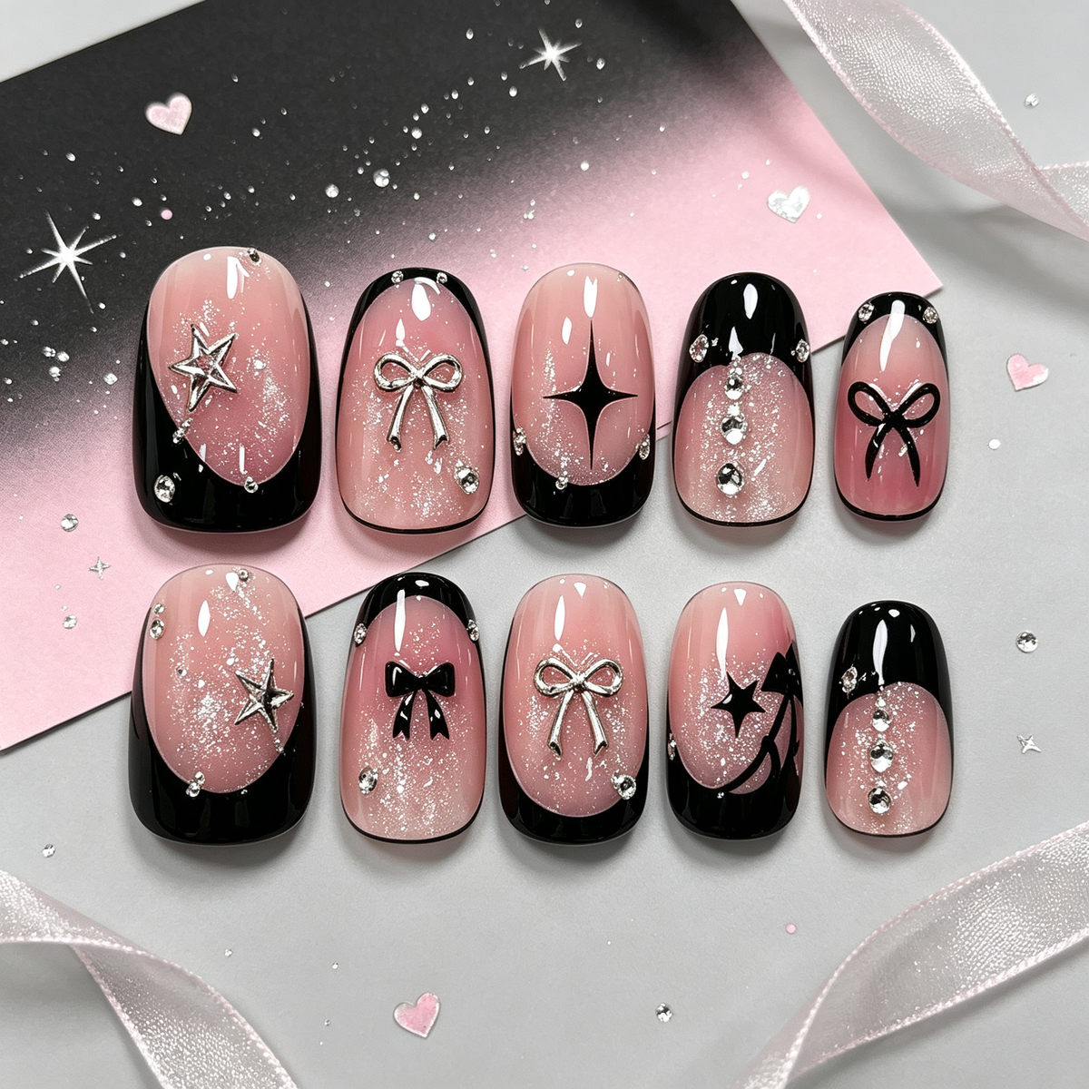 Nude Black Star Bow Press On Nails