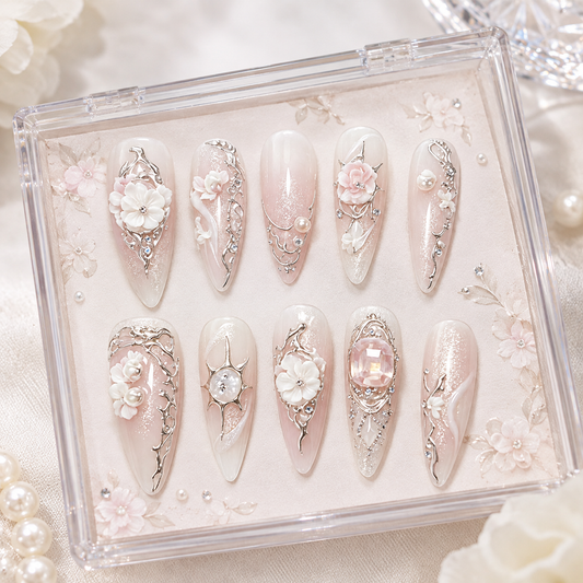 Nude Silver Flower Pink Gem Medium Press On Nails