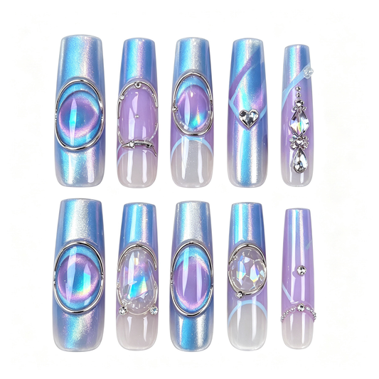 Aurora Purple Blue Gem Long Press On Nails