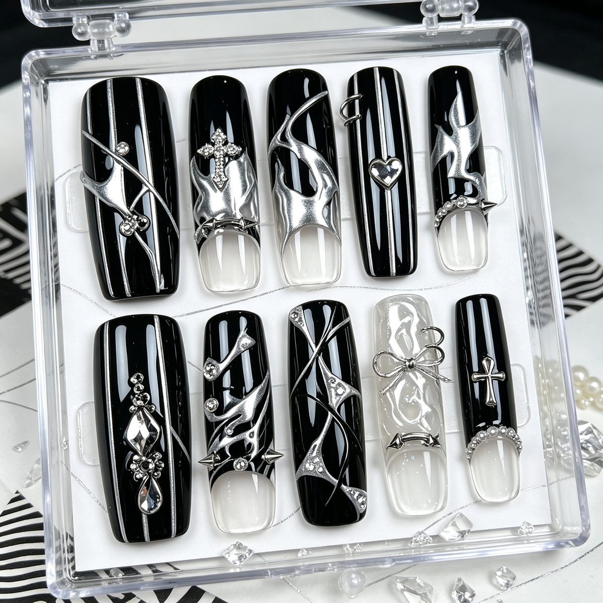 Black Silver Punk French Cross Long Press On Nails