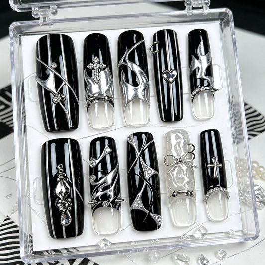 Black Silver Punk French Cross Long Press On Nails