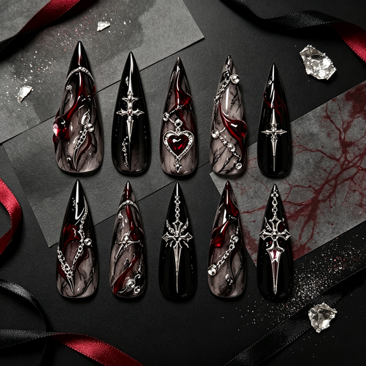 Black Grey Wine Gothic Cross Medium Press On Nails