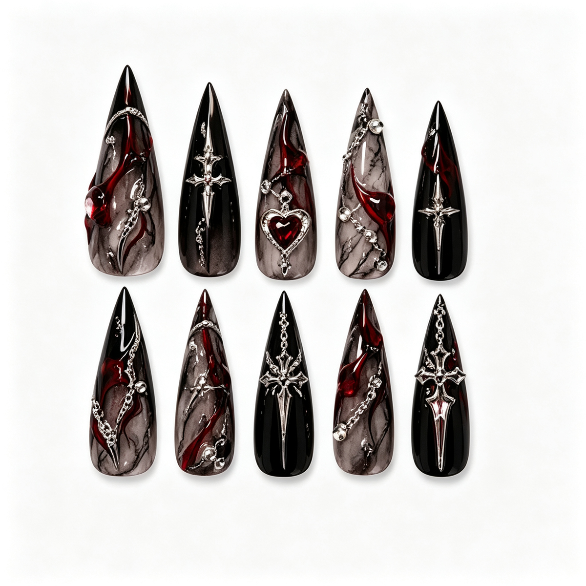 Black Grey Wine Gothic Cross Medium Press On Nails