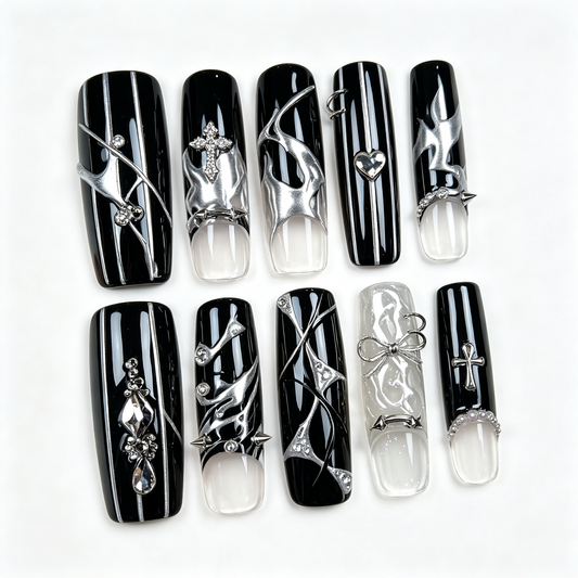 Black Silver Punk French Cross Long Press On Nails