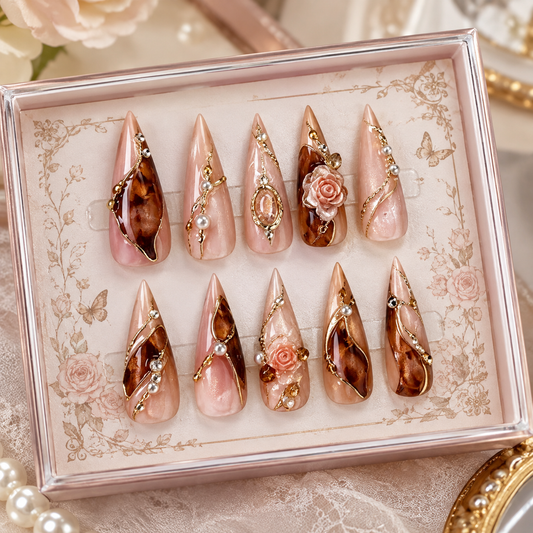 Nude Brown Gold Rose Pearls Medium Press On Nails