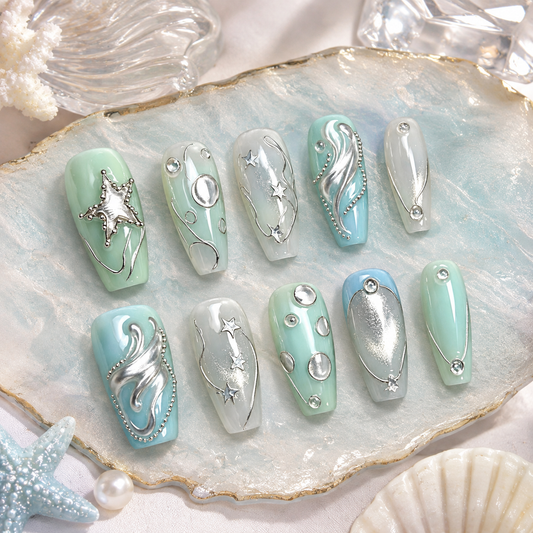 Mint Sea Starfish Gradient Press On Nails