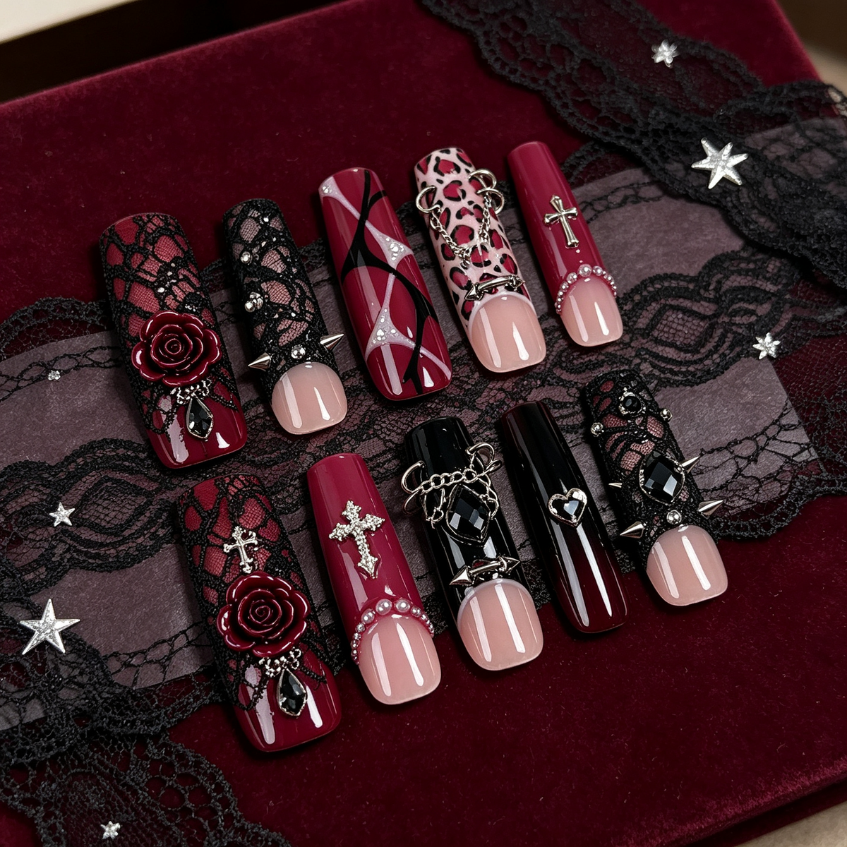 Wine Black Gothic Rose Long Press On Nails
