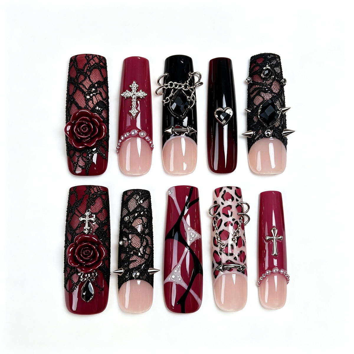Wine Black Gothic Rose Long Press On Nails