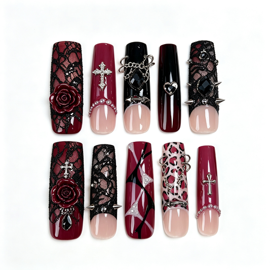Wine Black Gothic Rose Long Press On Nails