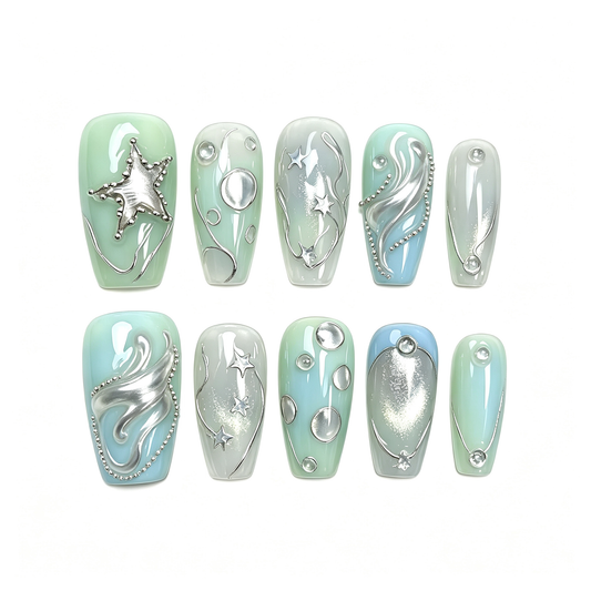 Mint Sea Starfish Gradient Press On Nails