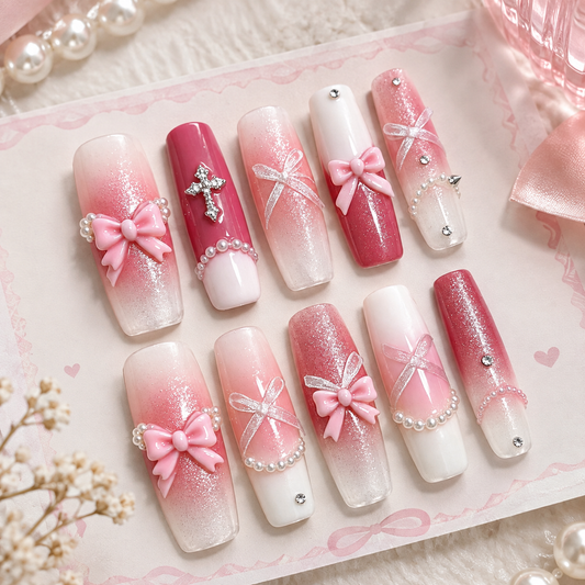 Pink Bow Crystal Cross Pearl Long Press On Nails