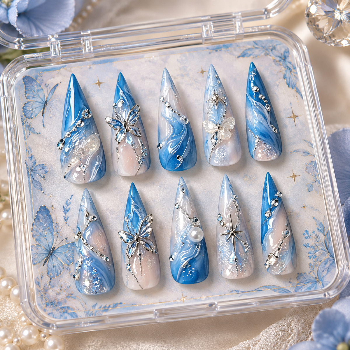 Blue Water Star Butterfly Medium Press On Nails
