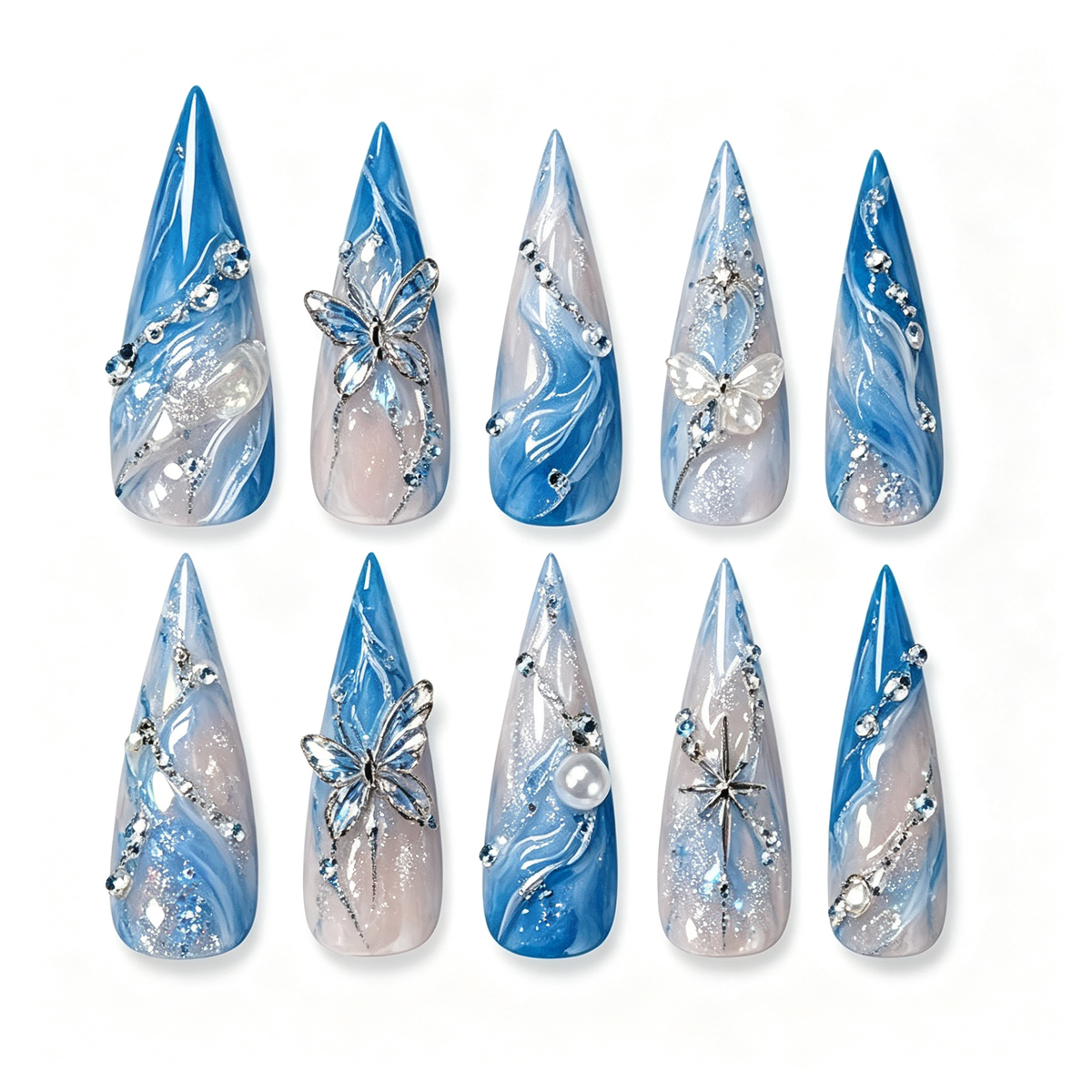Blue Water Star Butterfly Medium Press On Nails