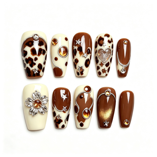 Cream Leopard Starfish Amber Press On Nails