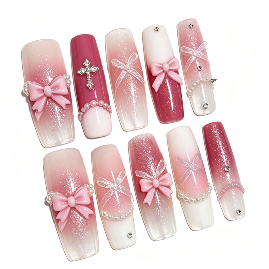 Pink Bow Crystal Cross Pearl Long Press On Nails