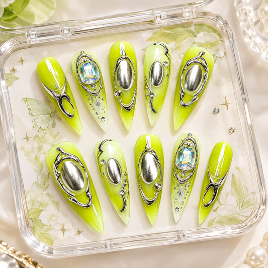 Lime Green Metal Flower Long Press On Nails
