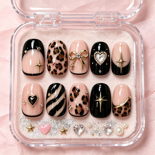 Leopard Heart Bow Sweet Cool Press On Nails