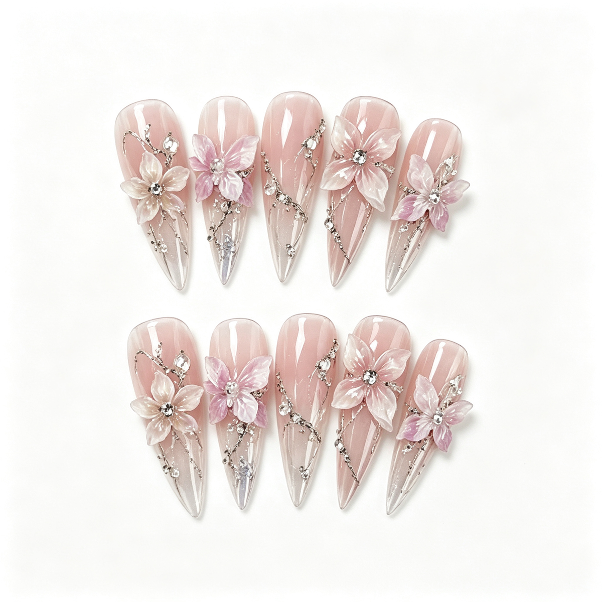 Nude Silver Flower Crystal Medium Press On Nails