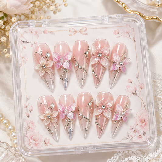 Nude Silver Flower Crystal Medium Press On Nails