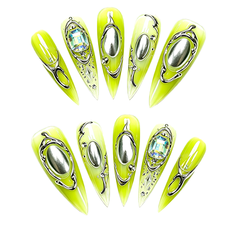Lime Green Metal Flower Long Press On Nails