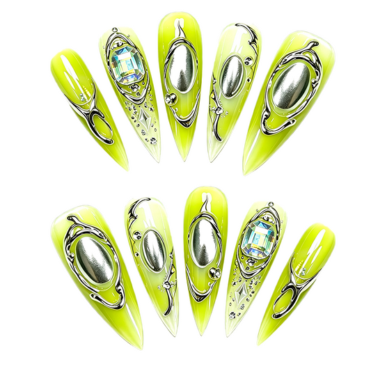 Lime Green Metal Flower Long Press On Nails