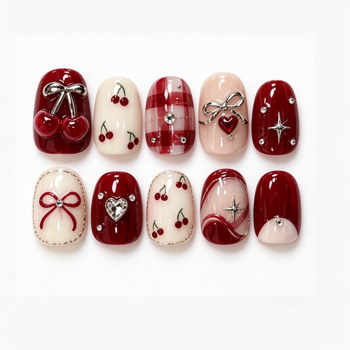 Cherry Girl Charm Glossy Press On Nails
