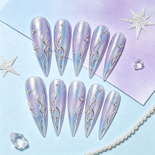 Lavender Blue Iridescent Flame Medium Press On Nails