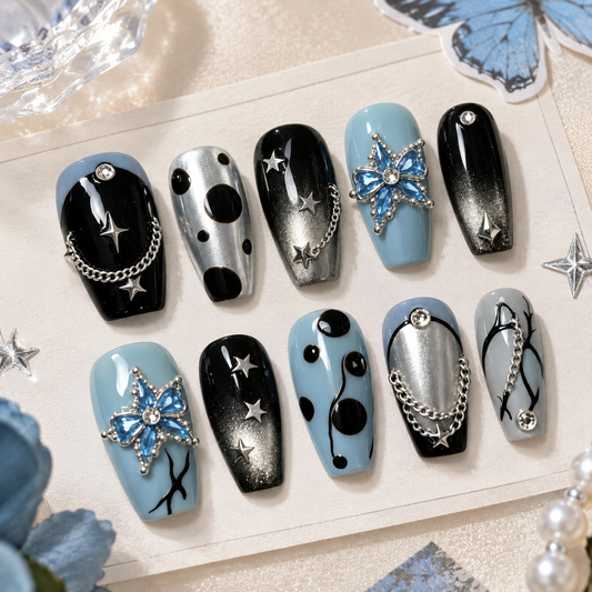 Haze Blue Black Silver Chain Press On Nails