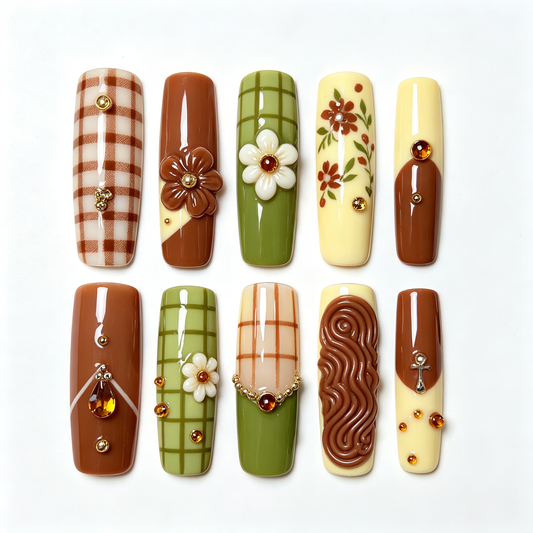 Caramel Checker Fall Floral Long Press On Nails