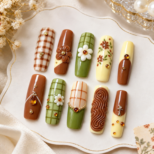 Caramel Checker Fall Floral Long Press On Nails