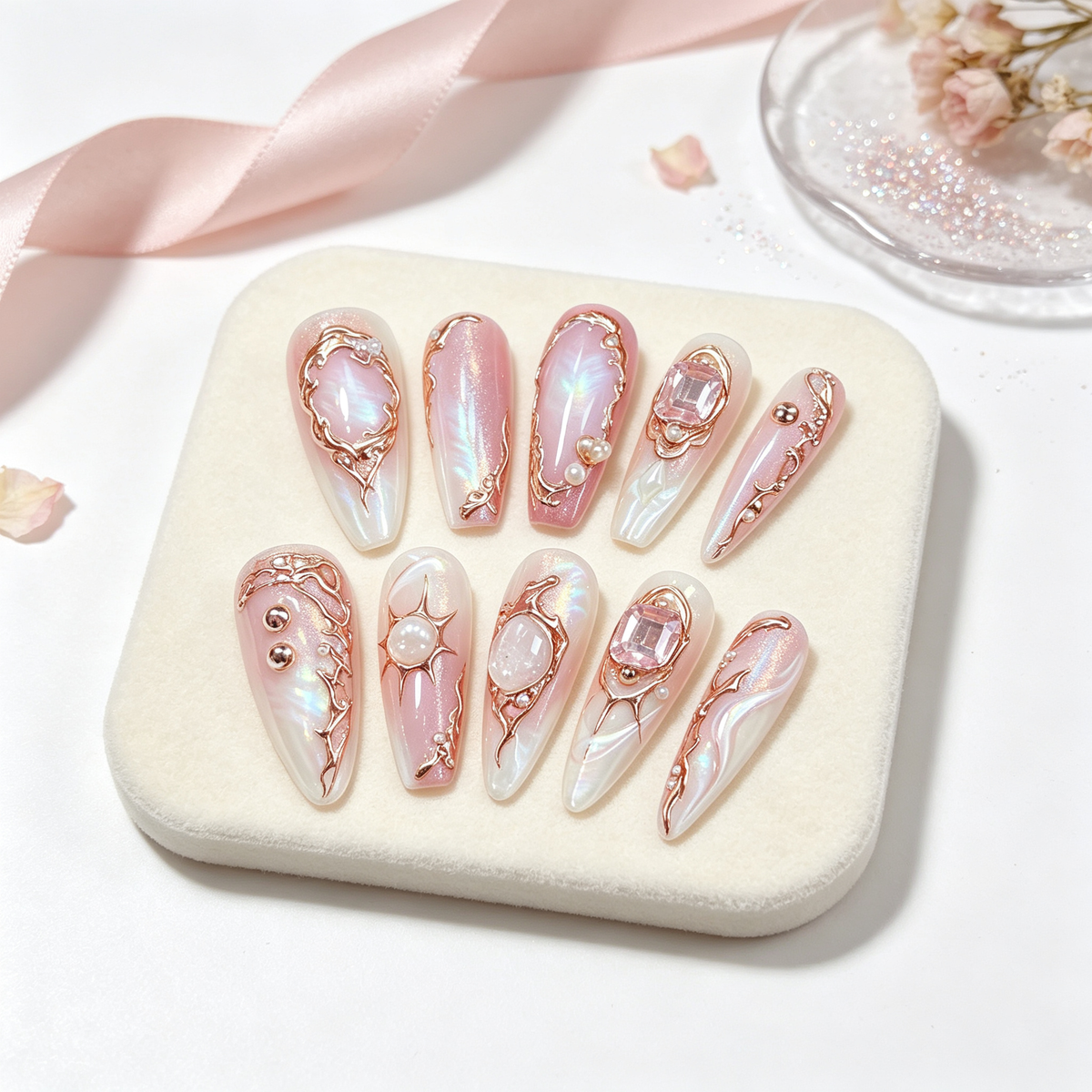 Pink Aurora Rose Gold Filigree Medium Press On Nails