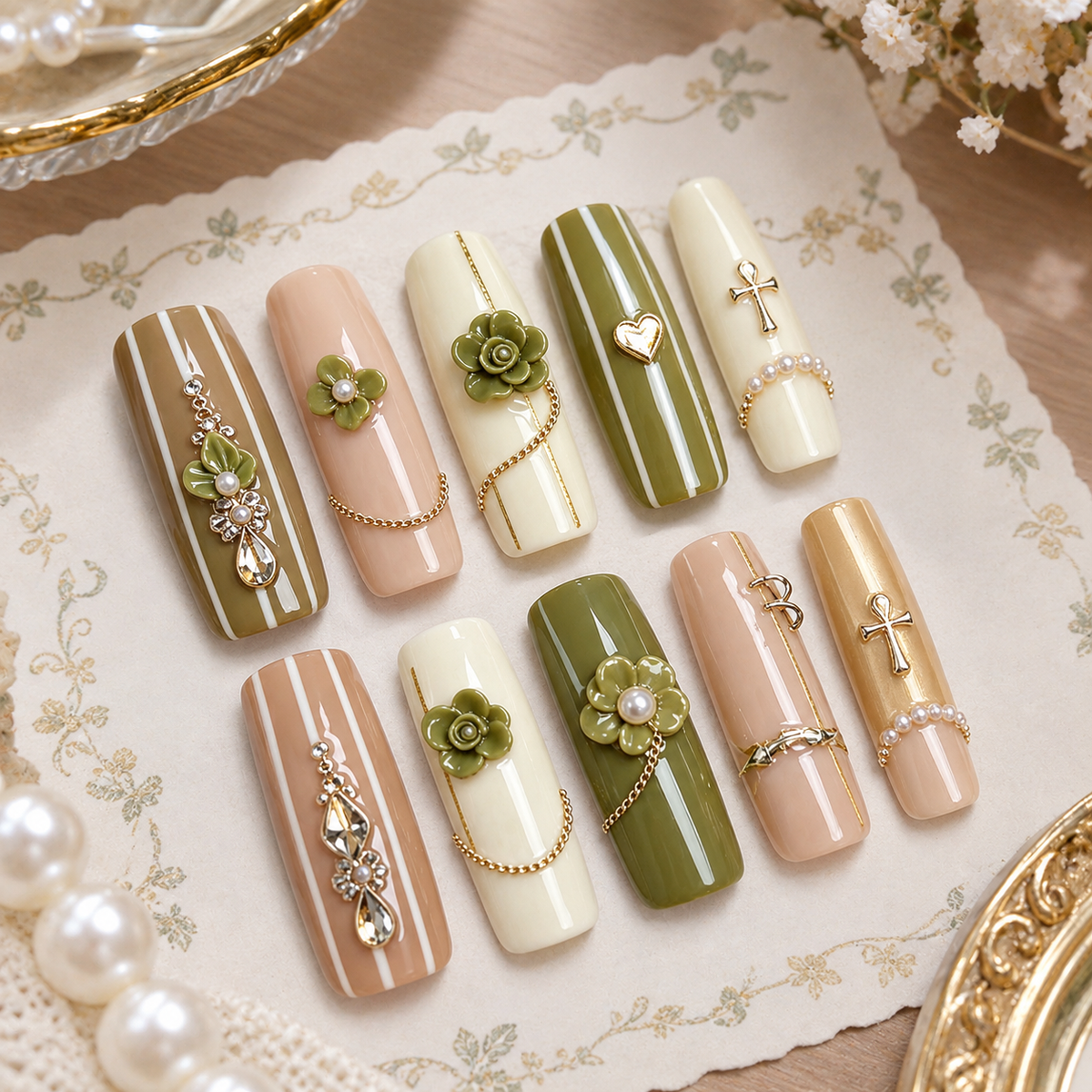 Latte Olive Gold Flower Chain Long Press On Nails