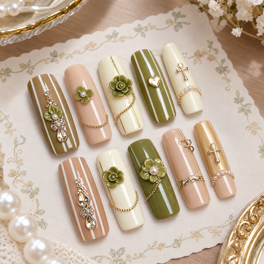 Latte Olive Gold Flower Chain Long Press On Nails