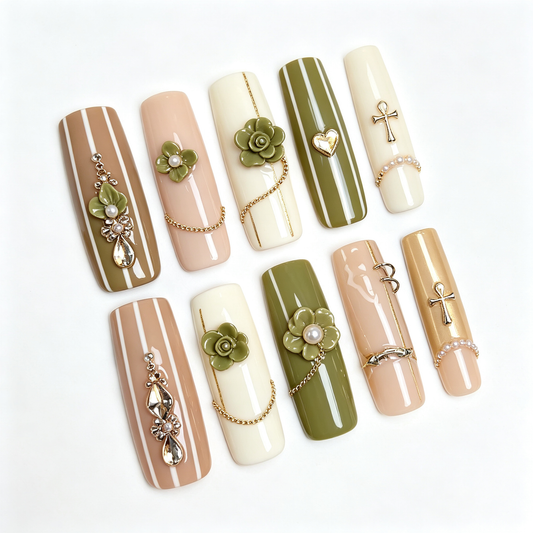 Latte Olive Gold Flower Chain Long Press On Nails
