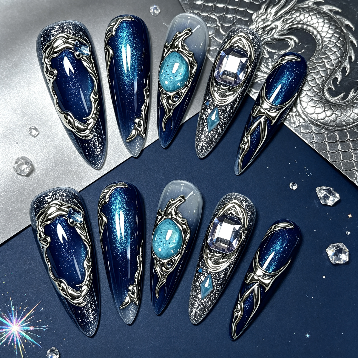 Navy Pearl Silver Gem Medium Press On Nails