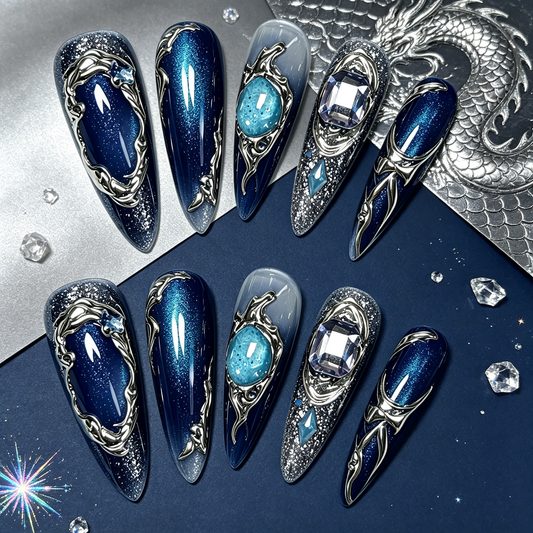 Navy Pearl Silver Gem Medium Press On Nails