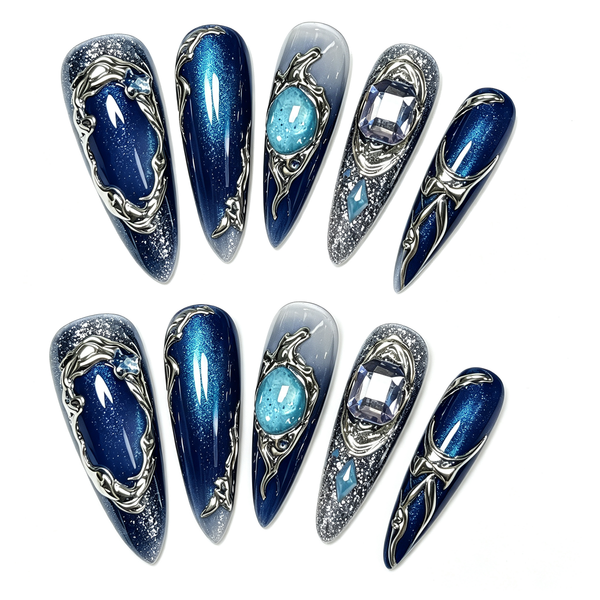 Navy Pearl Silver Gem Medium Press On Nails