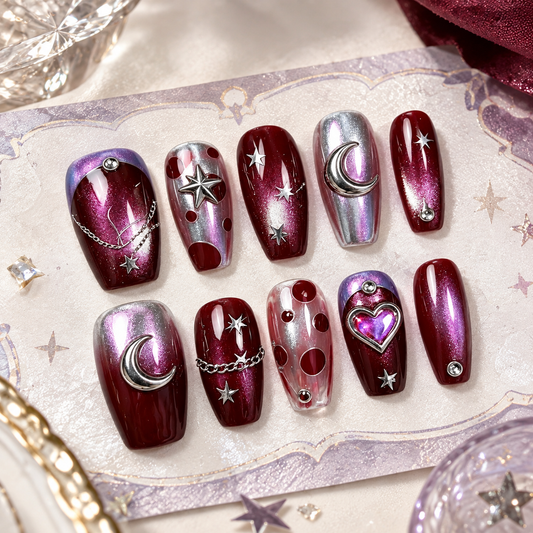 Wine Silver Chain Heart Press On Nails