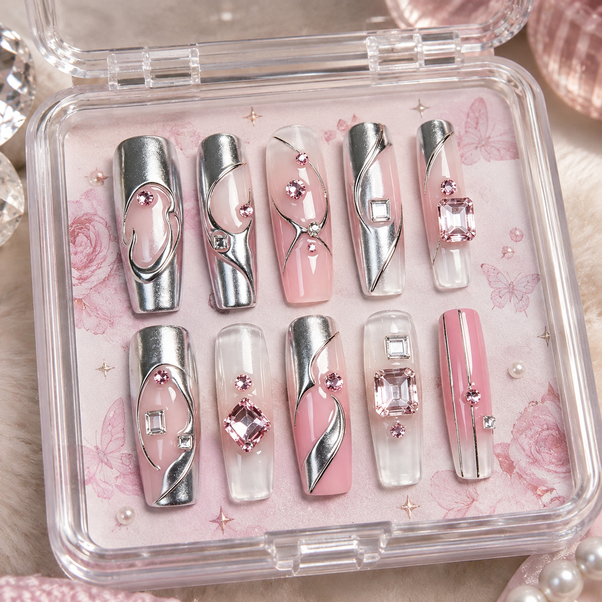 Nude Silver Line Pink Gem Long Press On Nails