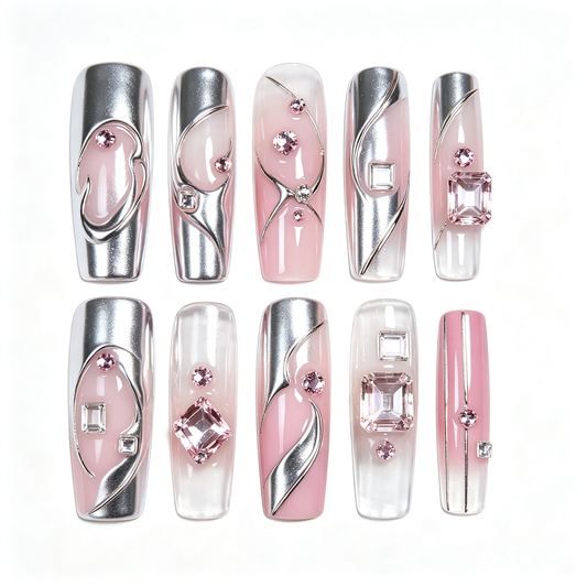 Nude Silver Line Pink Gem Long Press On Nails