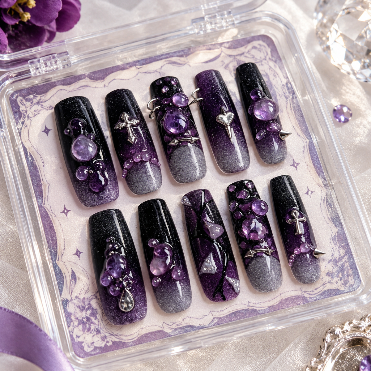 Purple Punk Violet Crystal Long Press On Nails